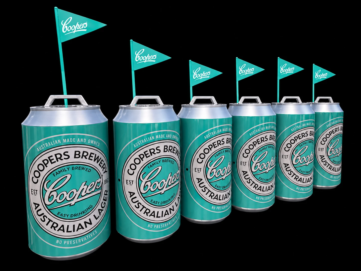 Oversized green Coopers Brewery can-shaped props with silver tops, large handles and branded flags