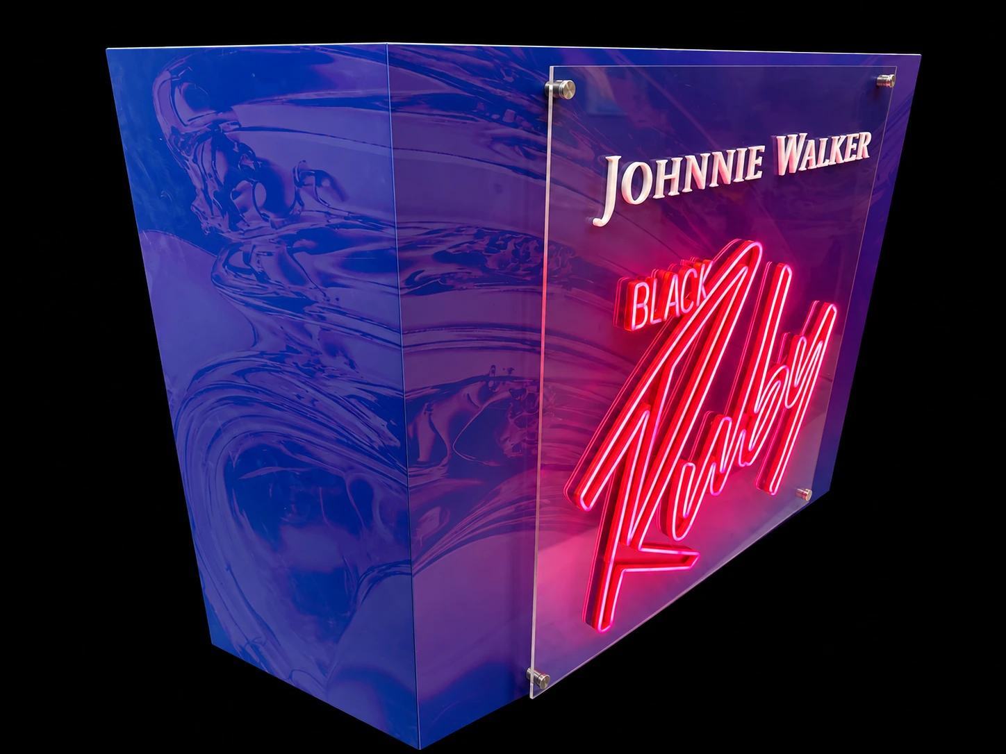 Reflective purple Johnnie Walker display with raised white lettering and illuminated Black Ruby script
