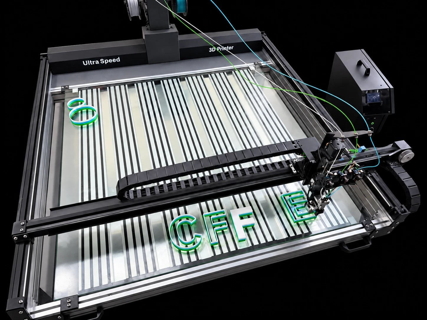 DSS’s large-format letter printer with green and white letter shapes on its wide bed
