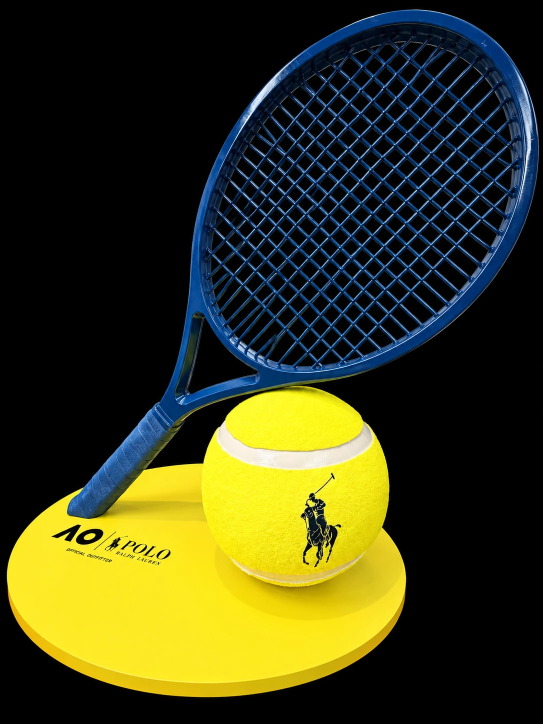 Oversized blue tennis racquet behind a large yellow tennis ball on a round yellow display base, with AO and Polo Ralph Lauren branding