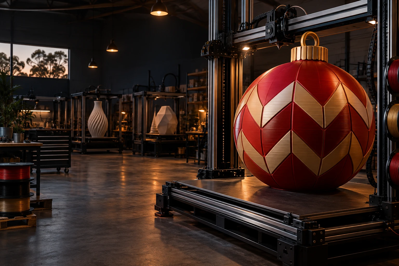 Illustrative concept of an oversized Christmas bauble in a printing workshop